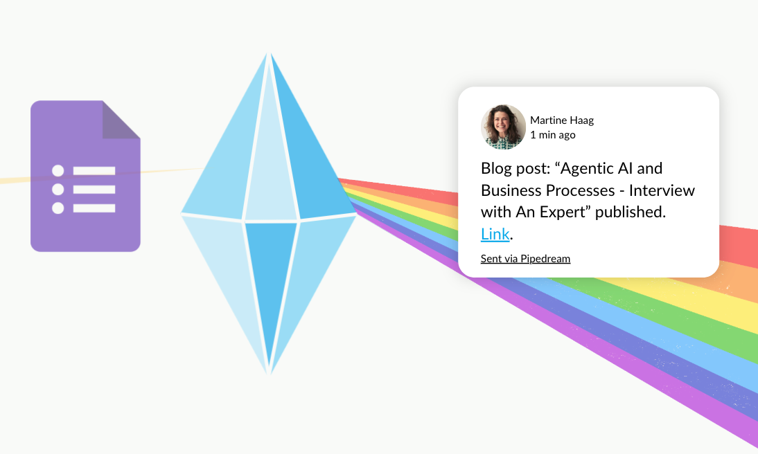 A notification graphic showing a message from Martine Haag announcing the publication of a new blog post titled 'Agentic AI and Business Processes - Interview with An Expert,' sent via Pipedream, with a Google Docs icon and a stylized crystal prism with a rainbow light effect in the background.